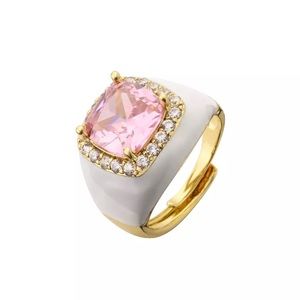White Enamel Ring with Princess Cut Pink Cubic Zirconia.